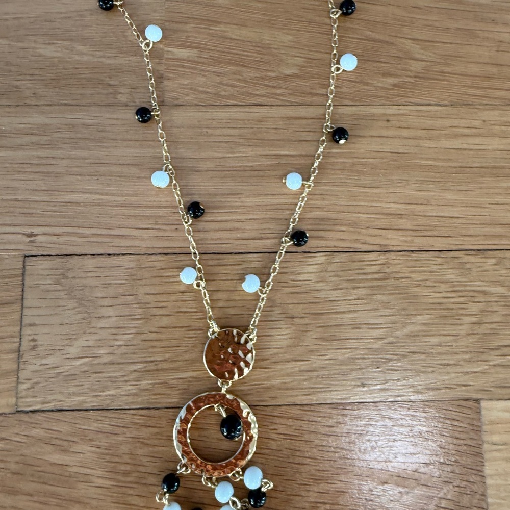 NWT Talbots Hammered Gold-Tone Statement Necklace, Black & White Beaded - Picture 3 of 4